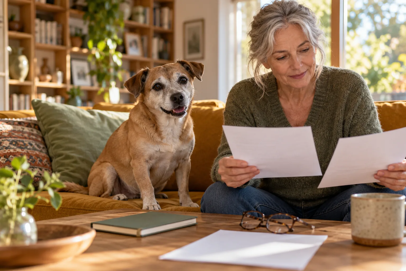 Gray-muzzled tan dog on a sofa beside an owner comparing paper sheets